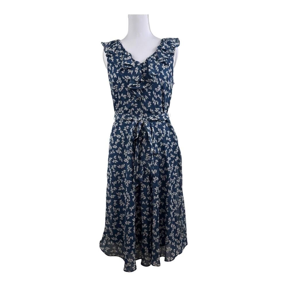 Ralph Lauren Black Label Blue Floral Ruffle Trim Georgette Dress Size 4 Feminine